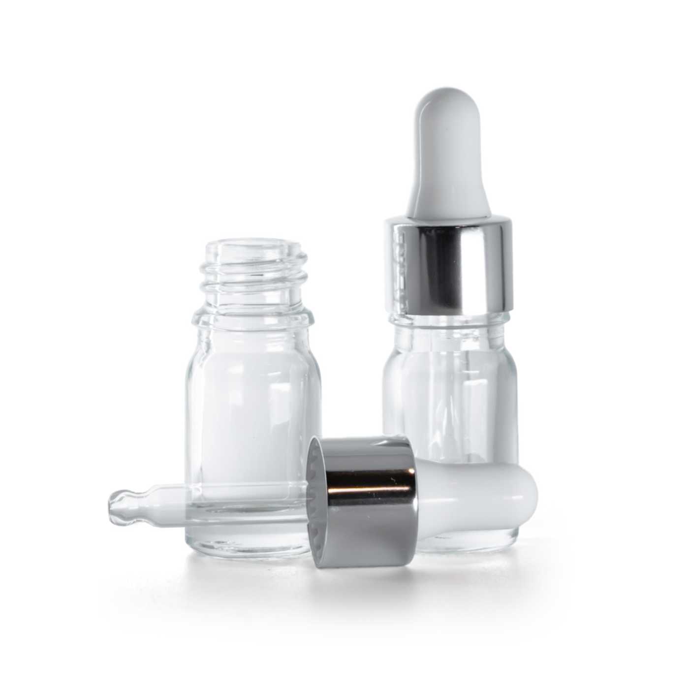 Butelka szklana, przezroczysta, kroplomierz srebrny, 5 ml