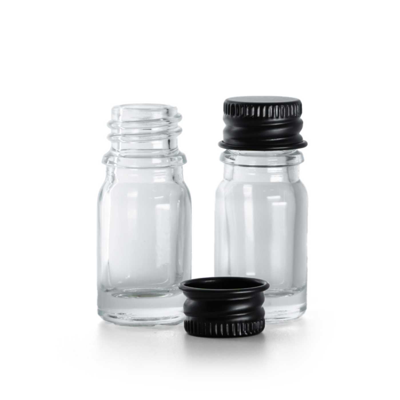 Butelka szklana, przezroczysta, czarna nakrętka aluminiowa, 5 ml