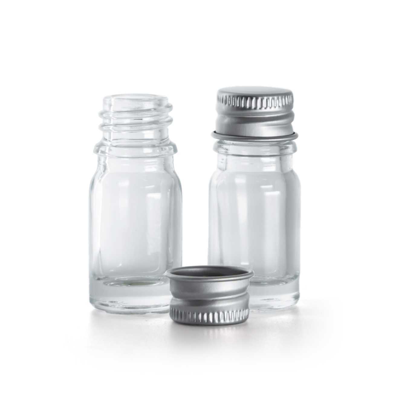 Butelka szklana przezroczysta, srebrna nakrętka aluminiowa, 5 ml