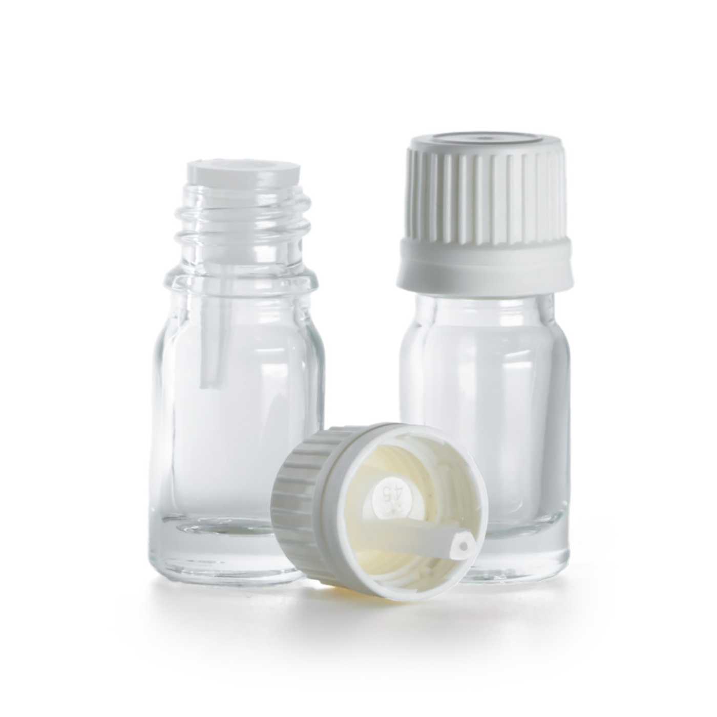 Butelka szklana, przezroczysta, biała nakrętka z kroplomierzem, 5 ml