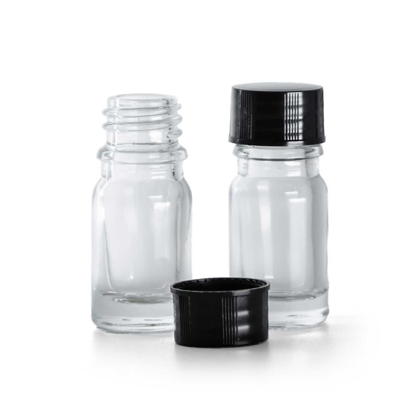 Butelka szklana, przezroczysta, czarna nakrętka, 5 ml