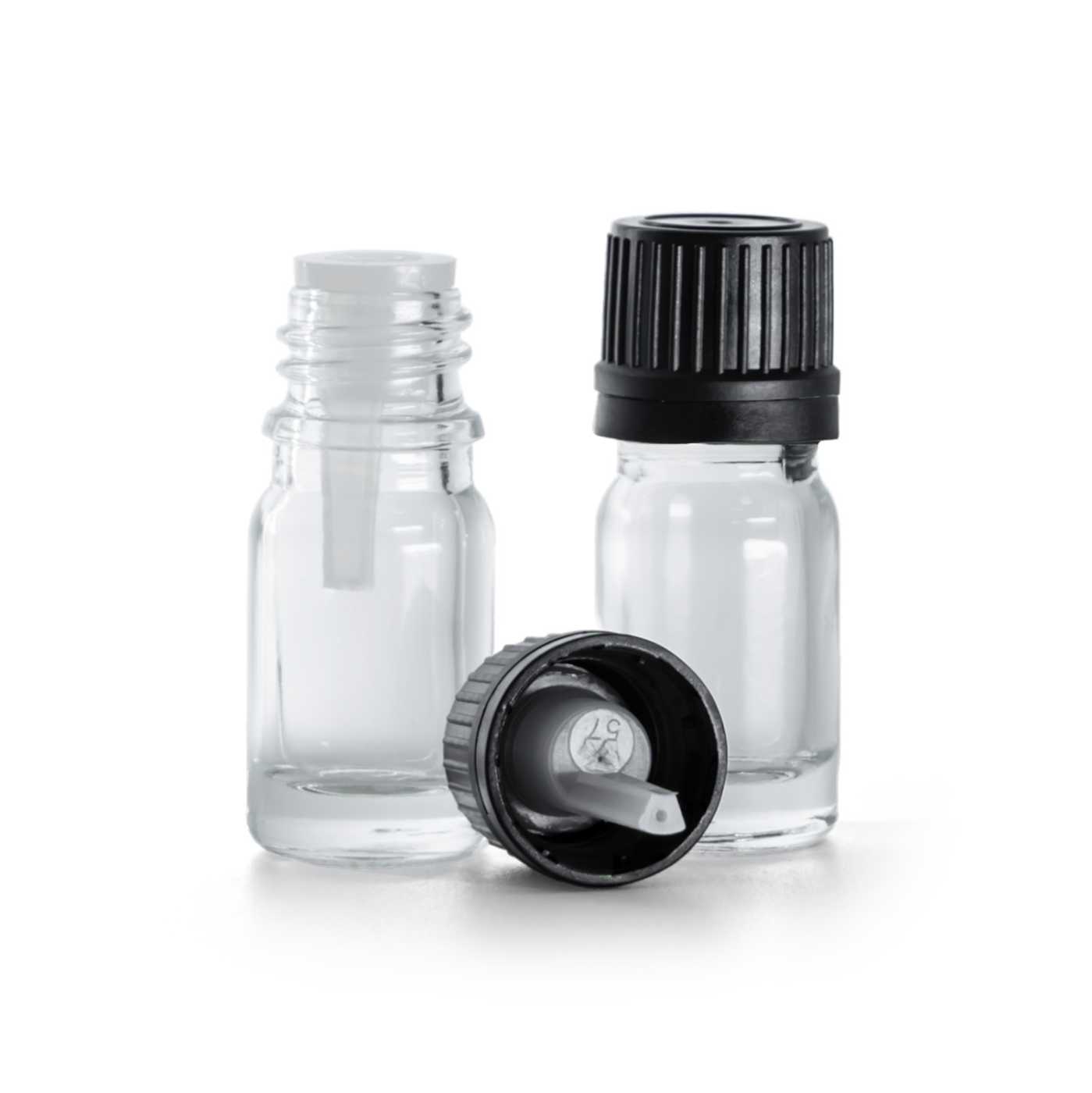 Butelka szklana, przezroczysta, czarna nakrętka z kroplomierzem, 5 ml