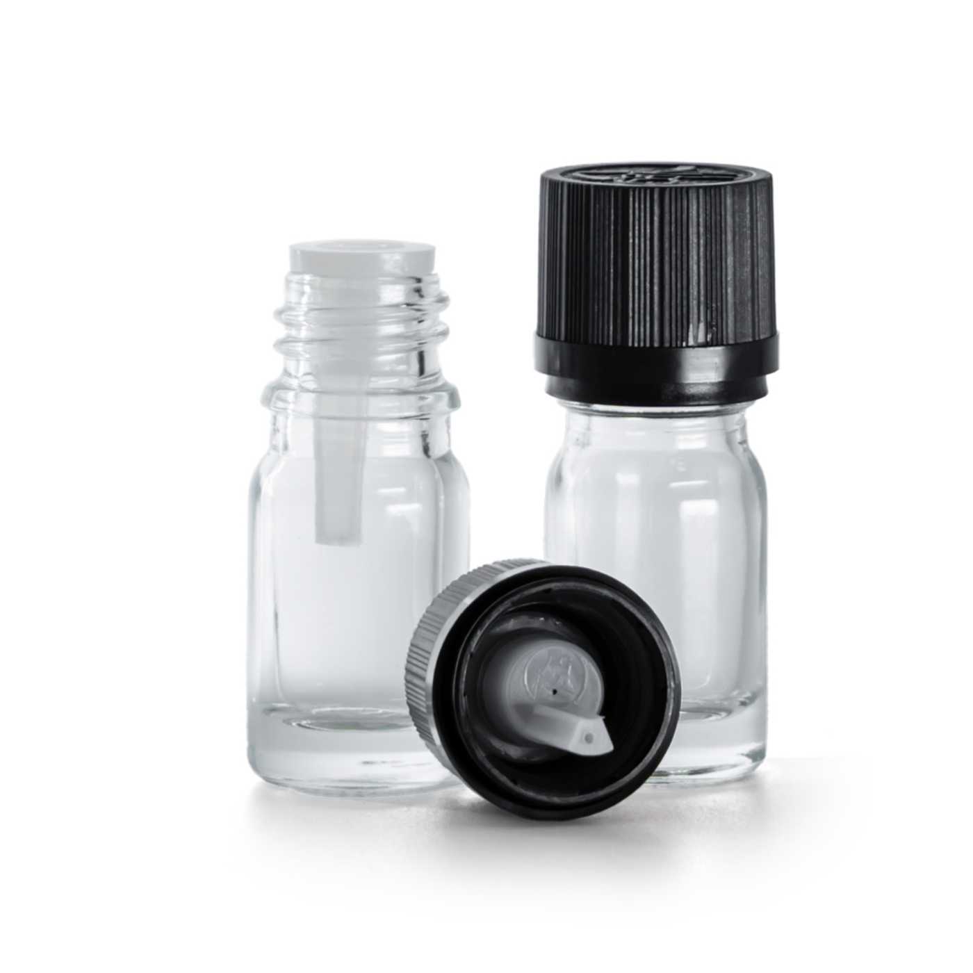 Flacon en verre transparent avec bouchon sécurité noir et réducteur 5 ml