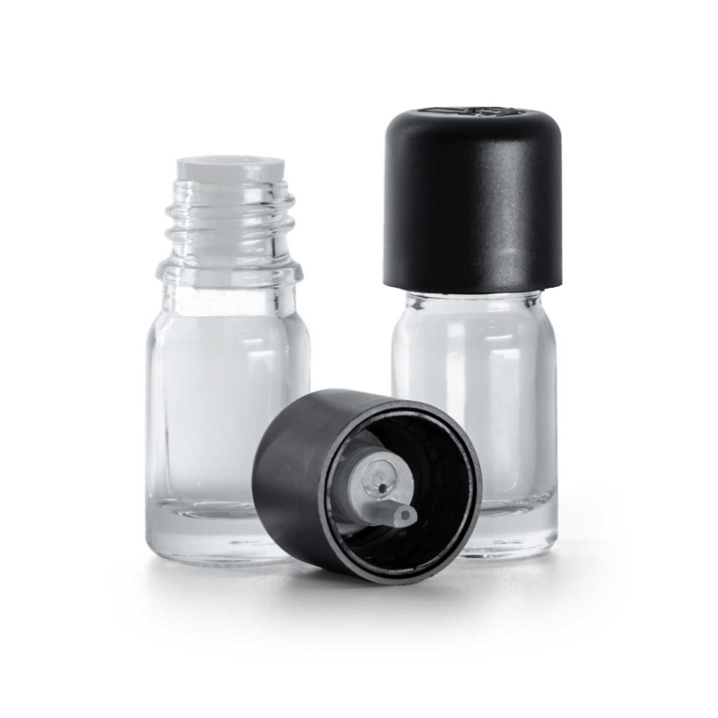 Butelka szklana, przezroczysta, czarna nakrętka z zabezpieczeniem, 5 ml