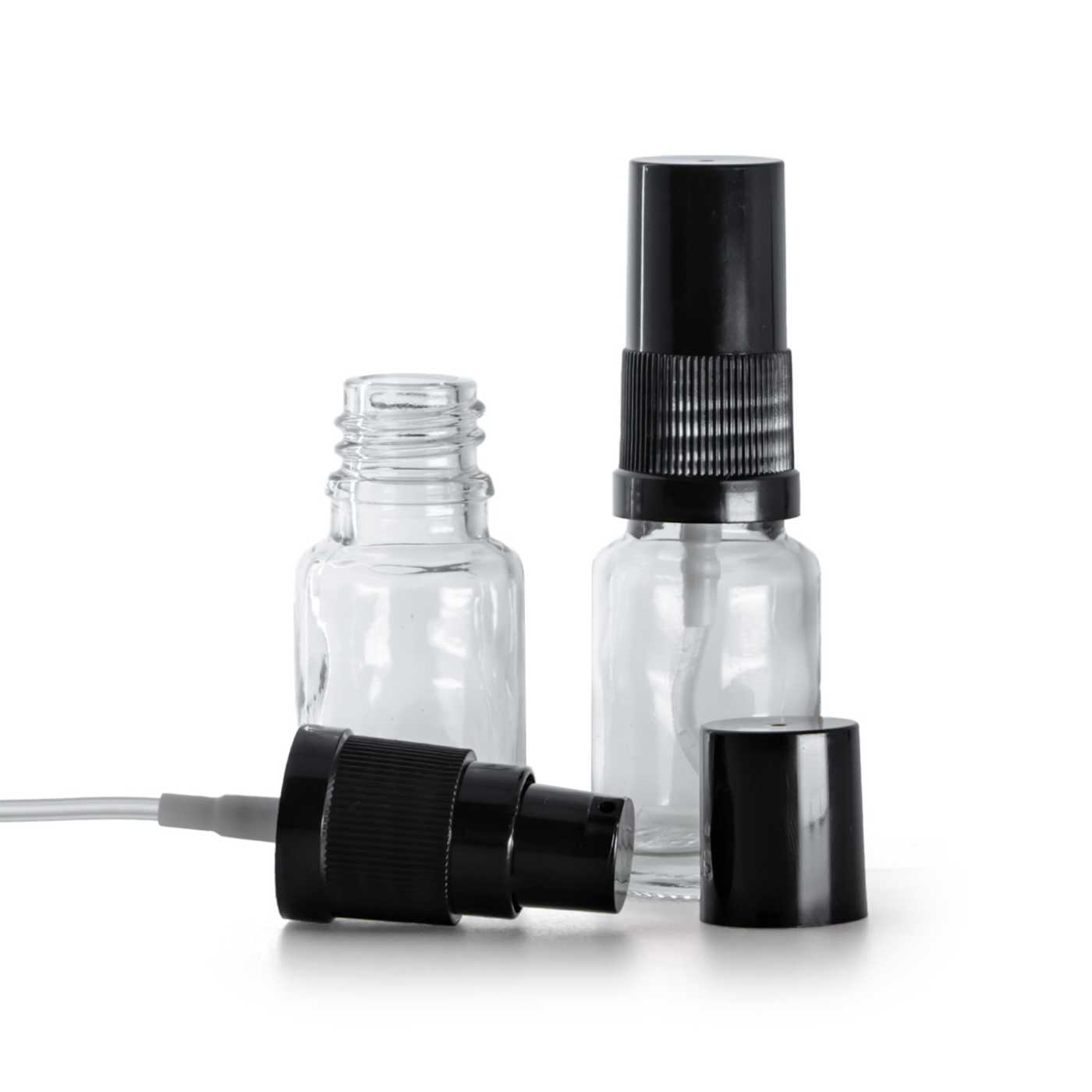 Sklenená fľaška, priehľadná, dávkovač krémov s čiernym vrchom, 10 ml