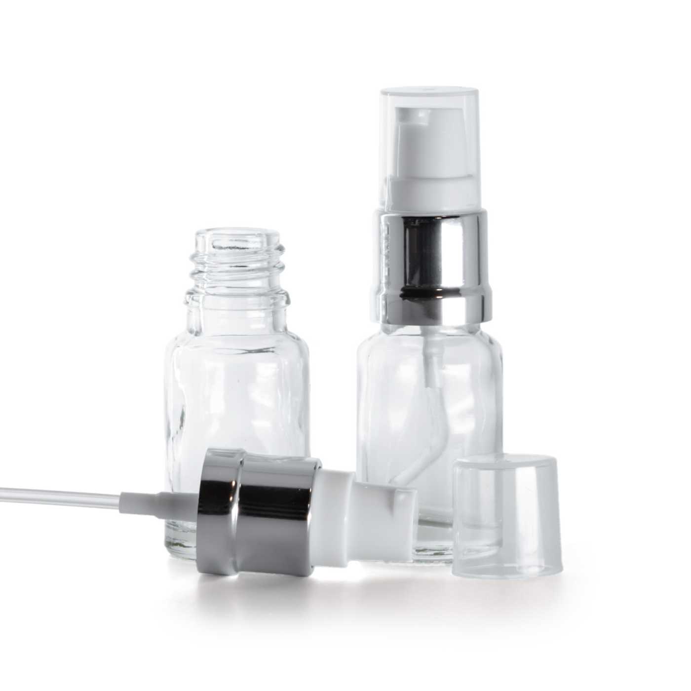 Sklenená fľaška, priehľadná, bielo-strieborný lesklý dávkovač, 10 ml