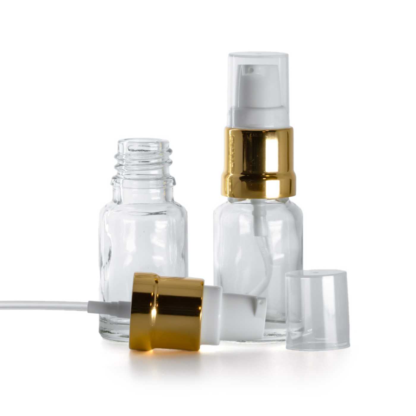 Sklenená fľaška, priehľadná, bielo-zlatý lesklý dávkovač, 10 ml
