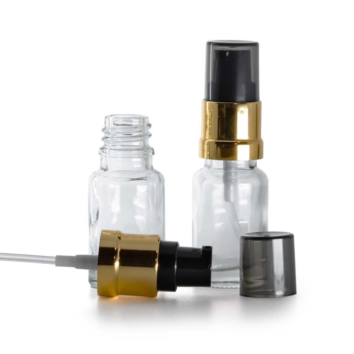 Üvegcse, átlátszó, fényes fekete-arany pumpa füstös felső kupakkal, 10 ml