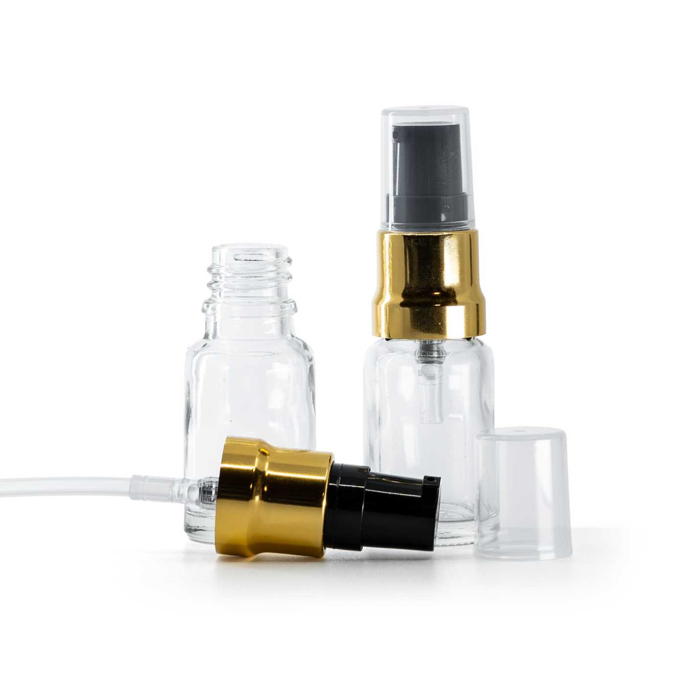Sklenená fľaška, priehľadná, čierno-zlatý lesklý dákovač, priehľadný vrch, 10 ml
