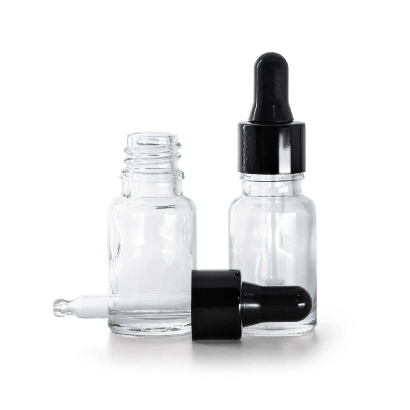 Sklenená fľaška, priehľadná, čierne lesklé kvapátko, 10 ml