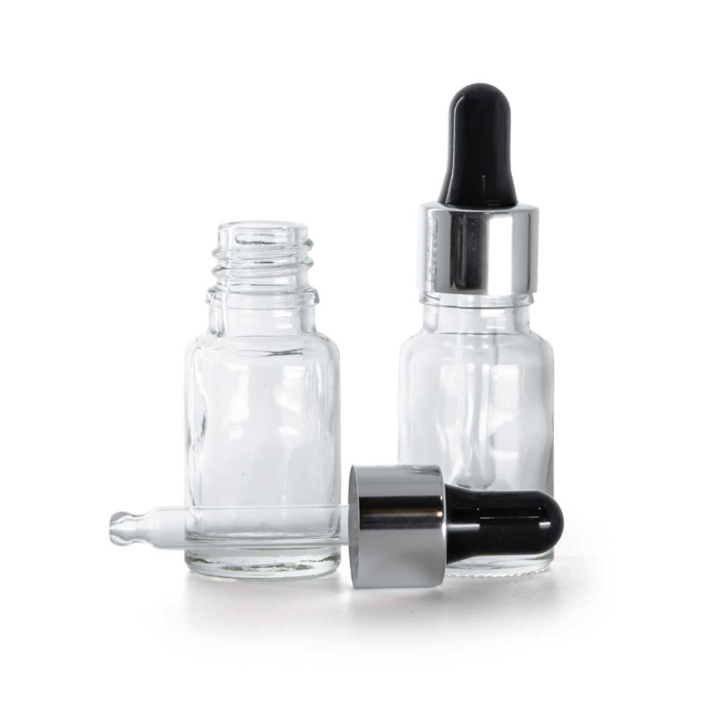 Sklenená fľaška, priehľadná, čierno-strieborné kvapátko, 10 ml