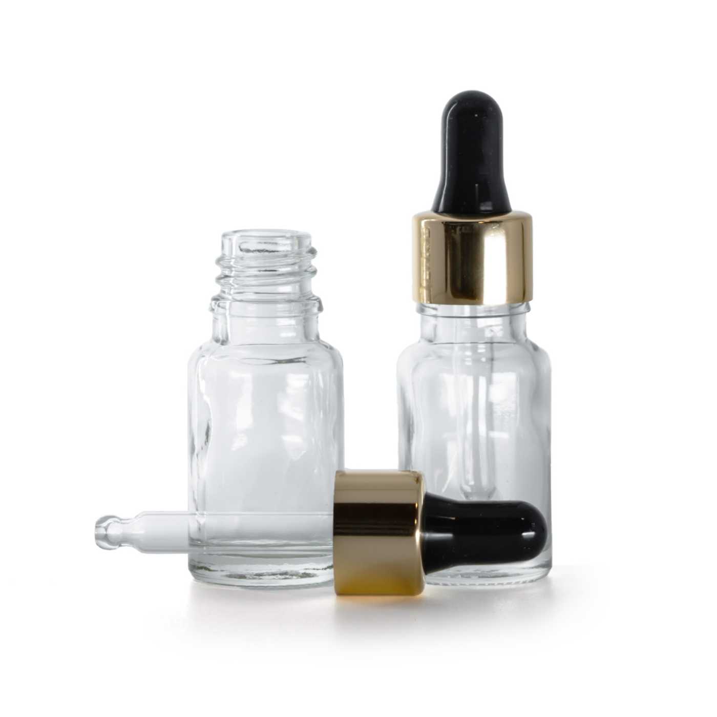 Flacon en verre transparent, pipette noir et or, 10 ml