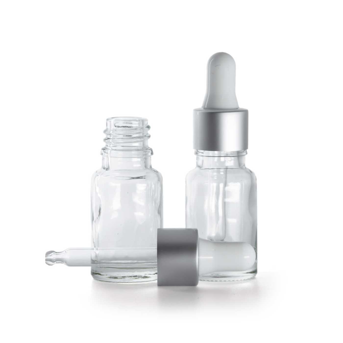 Sklenená fľaška, priehľadná, strieborné matné kvapátko, 10 ml