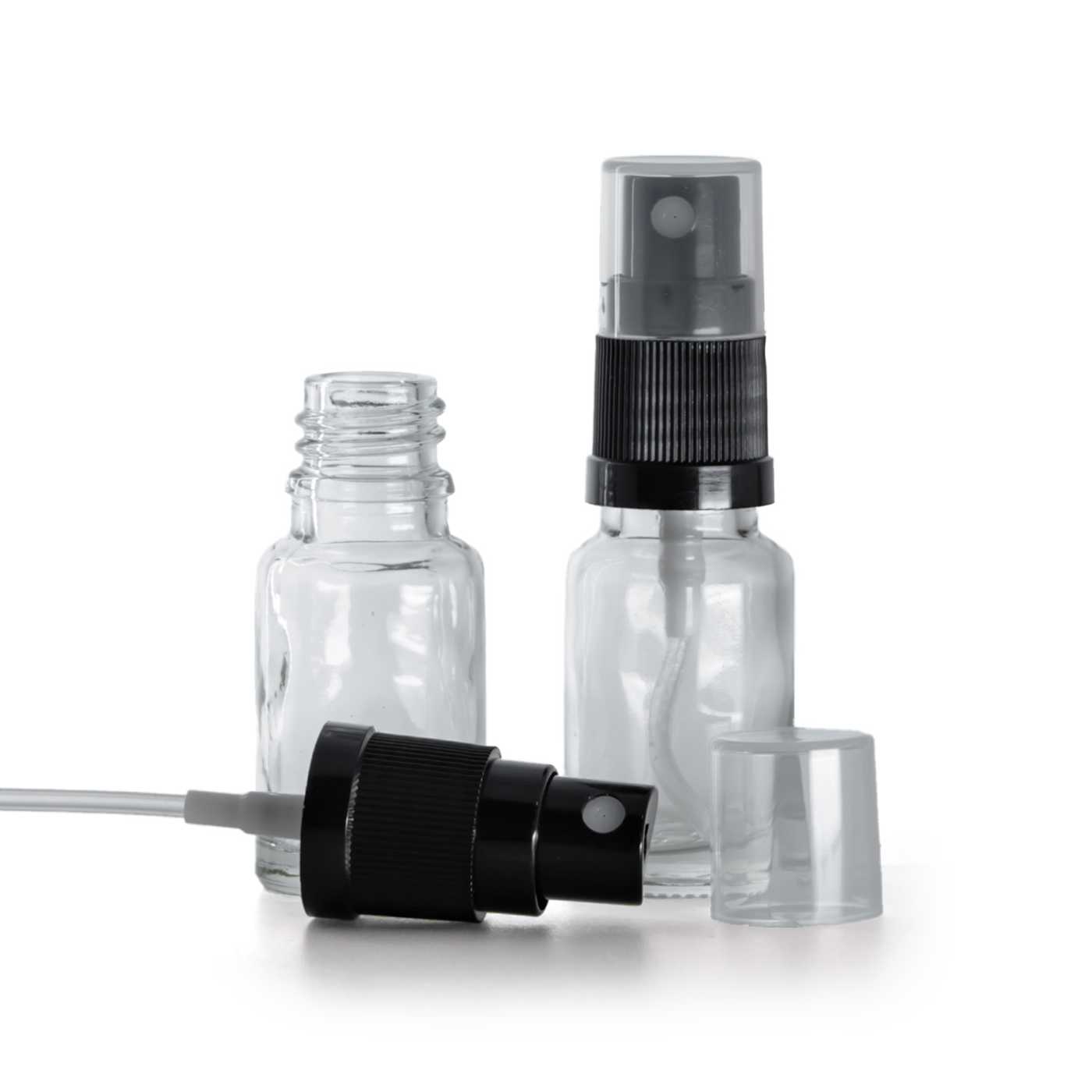 Szklana butelka apteczna, przezroczysta, czarny atomizer, 10 ml
