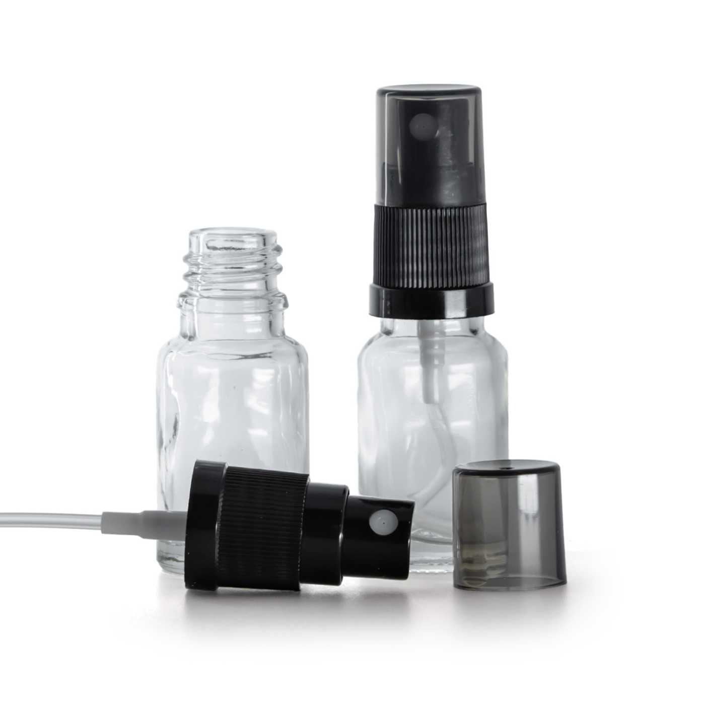 Sklenená fľaška, priehľadná, čierny rozprašovač, dymový kryt, 10 ml