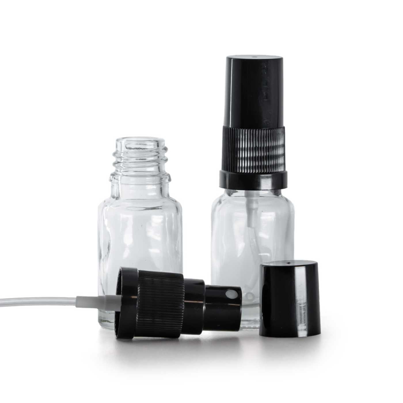 Butelka szklana, przezroczysta, czarny atomizer, czarny kapturek, 10 ml