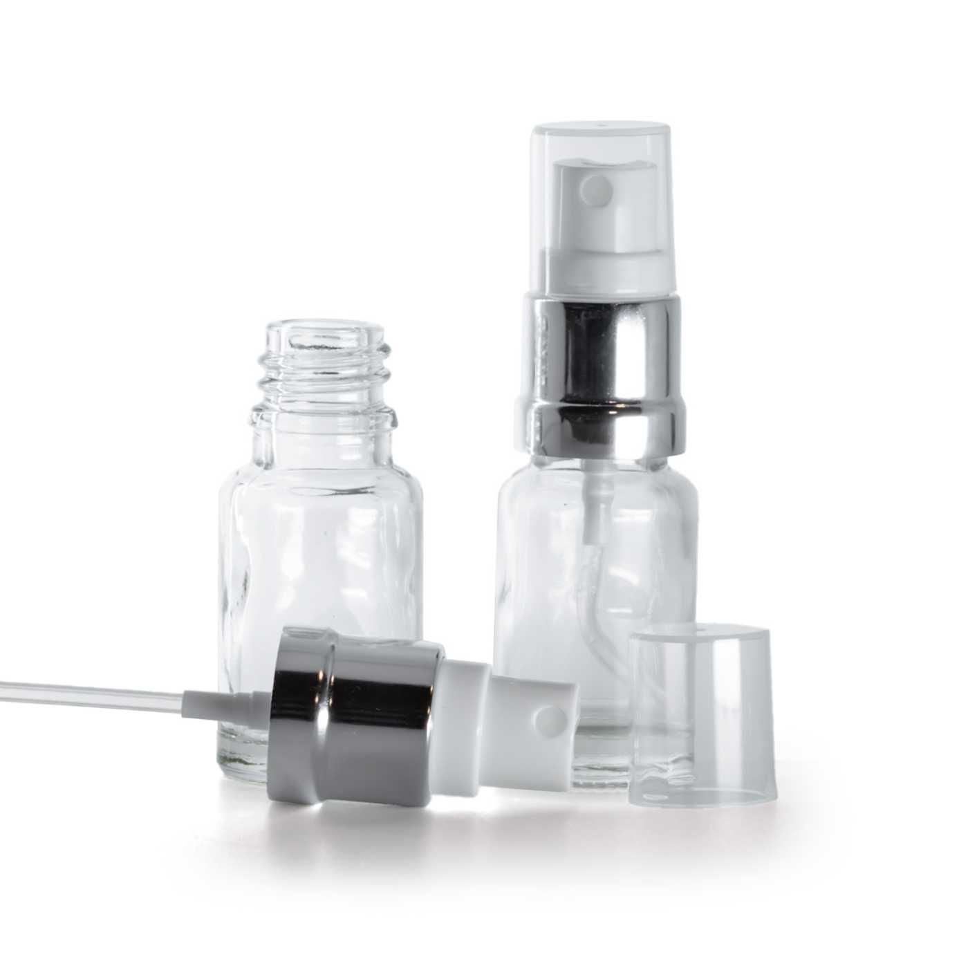 Butelka szklana, przezroczysta, biało-srebrny atomizer, 10 ml