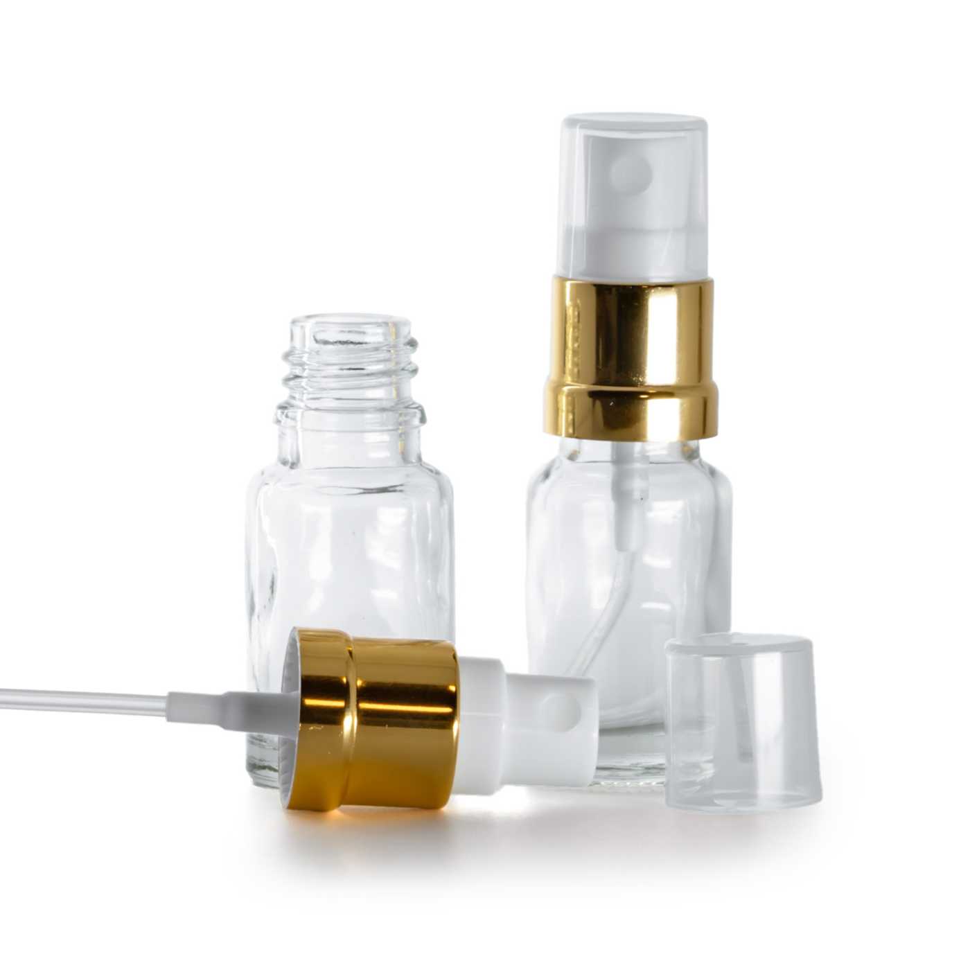 Sklenená fľaška, priehľadná, bielo-zlatý rozprašovač, 10 ml