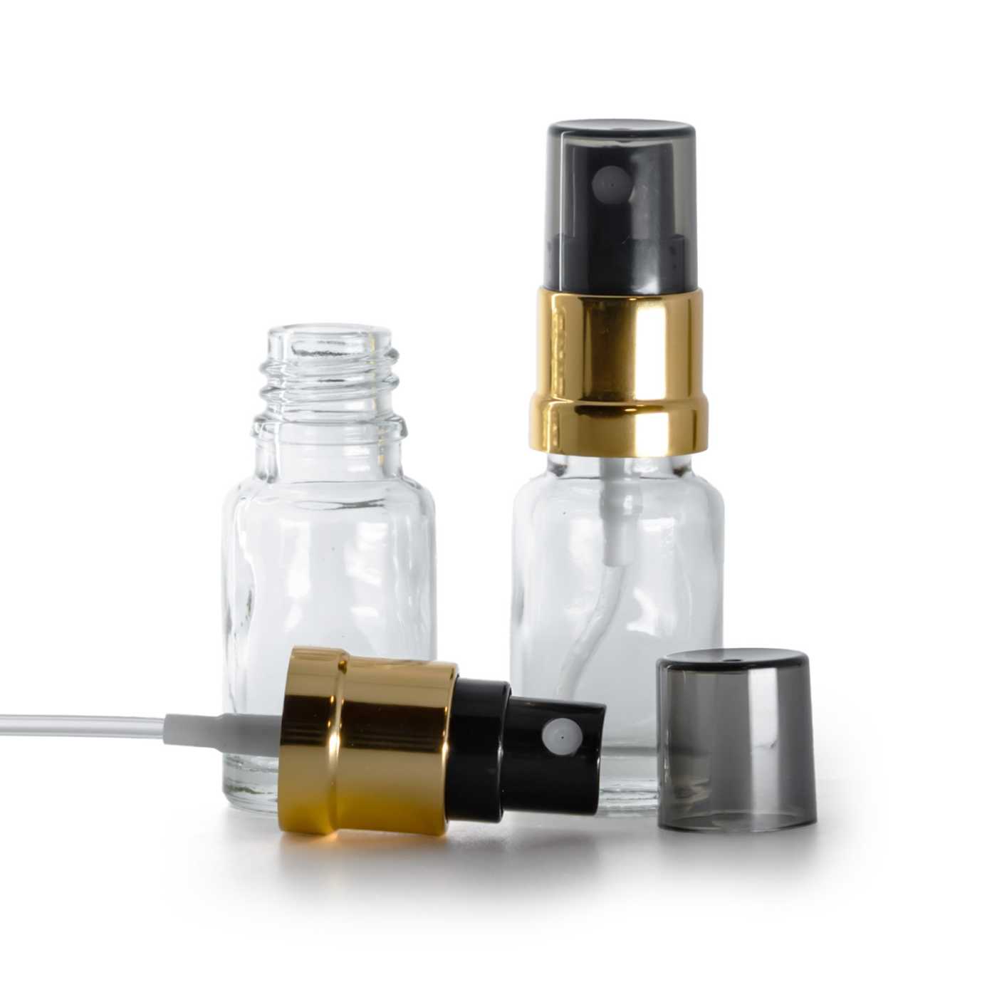 Üvegcse, átlátszó, fekete-arany szórófej, füstös felső kupak, 10 ml