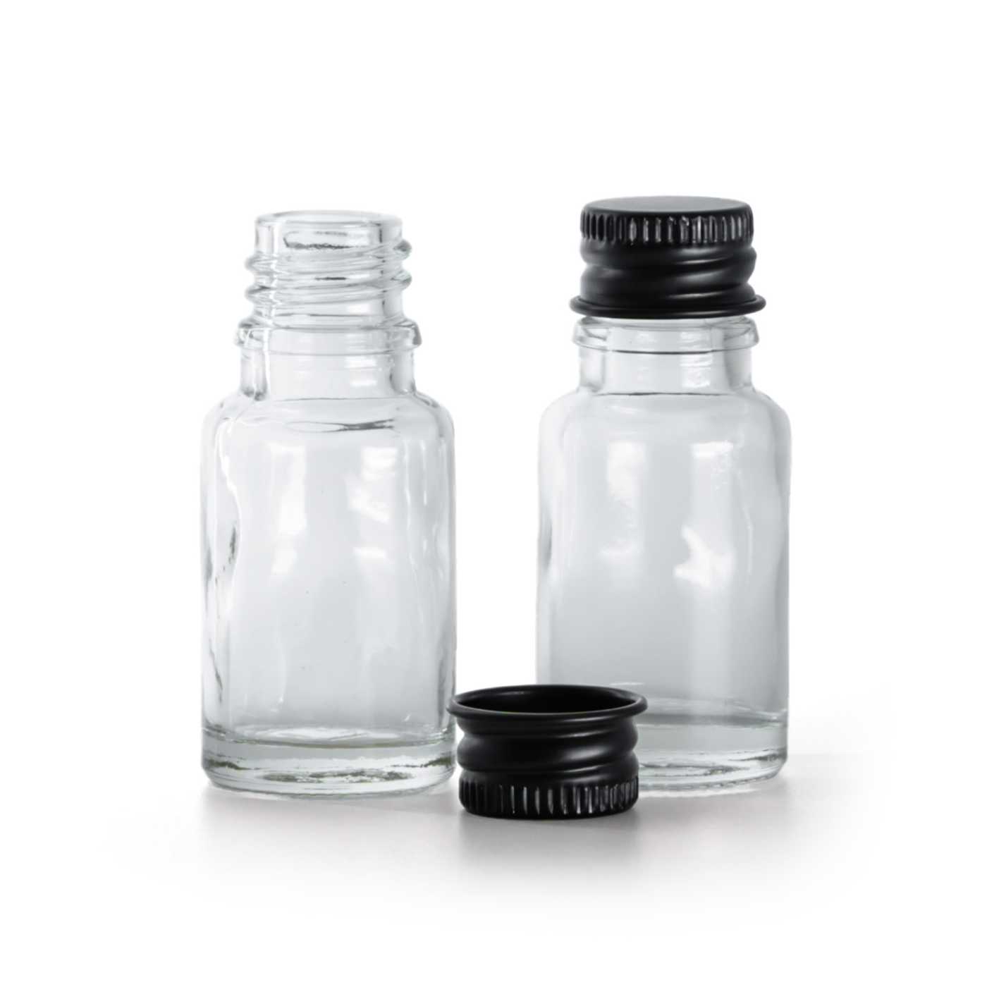 Sklenená fľaška, priehľadná, čierny hliníkový vrchnák, 10 ml