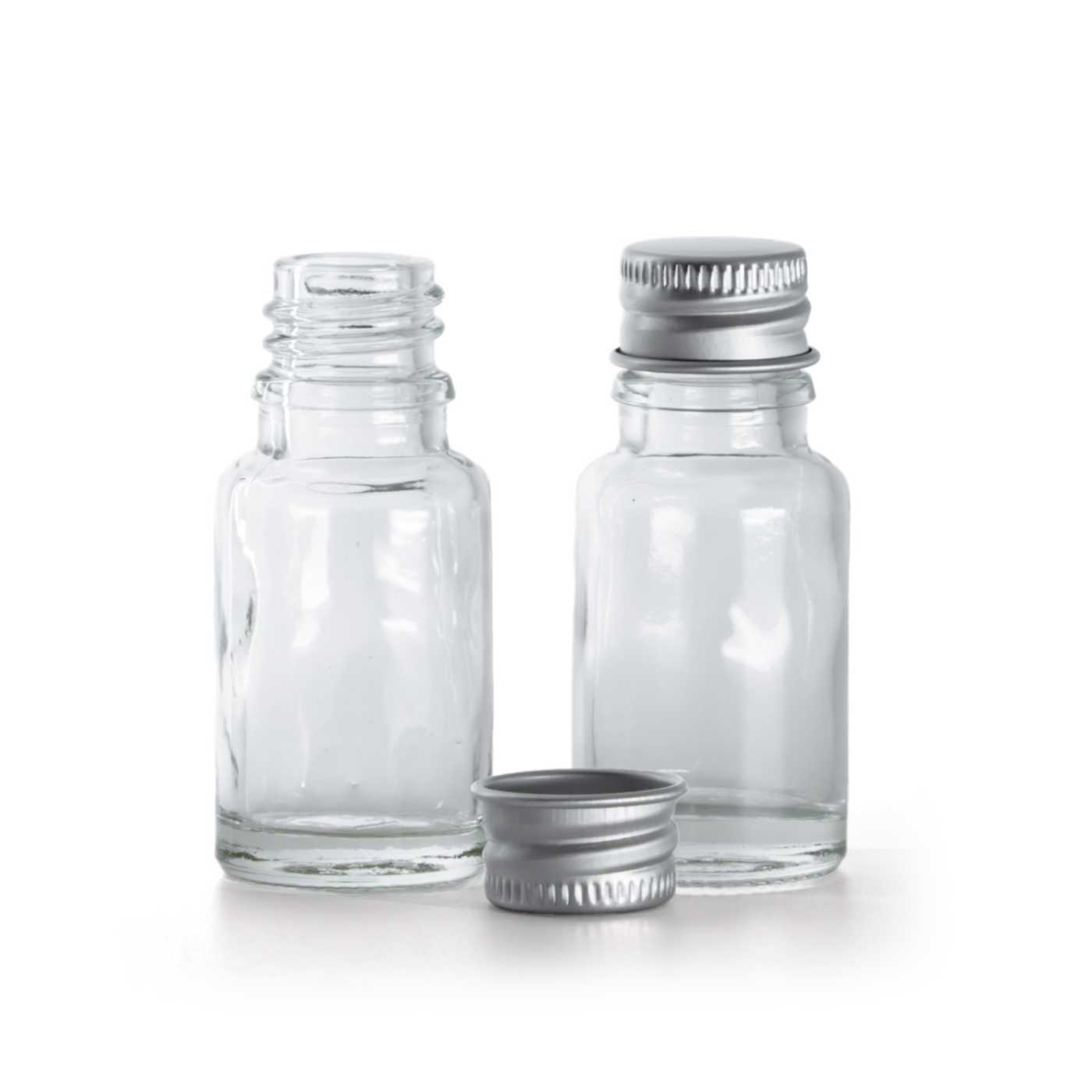 Sklenená fľaška, priehľadná, hliníkový vrchnák, 10 ml