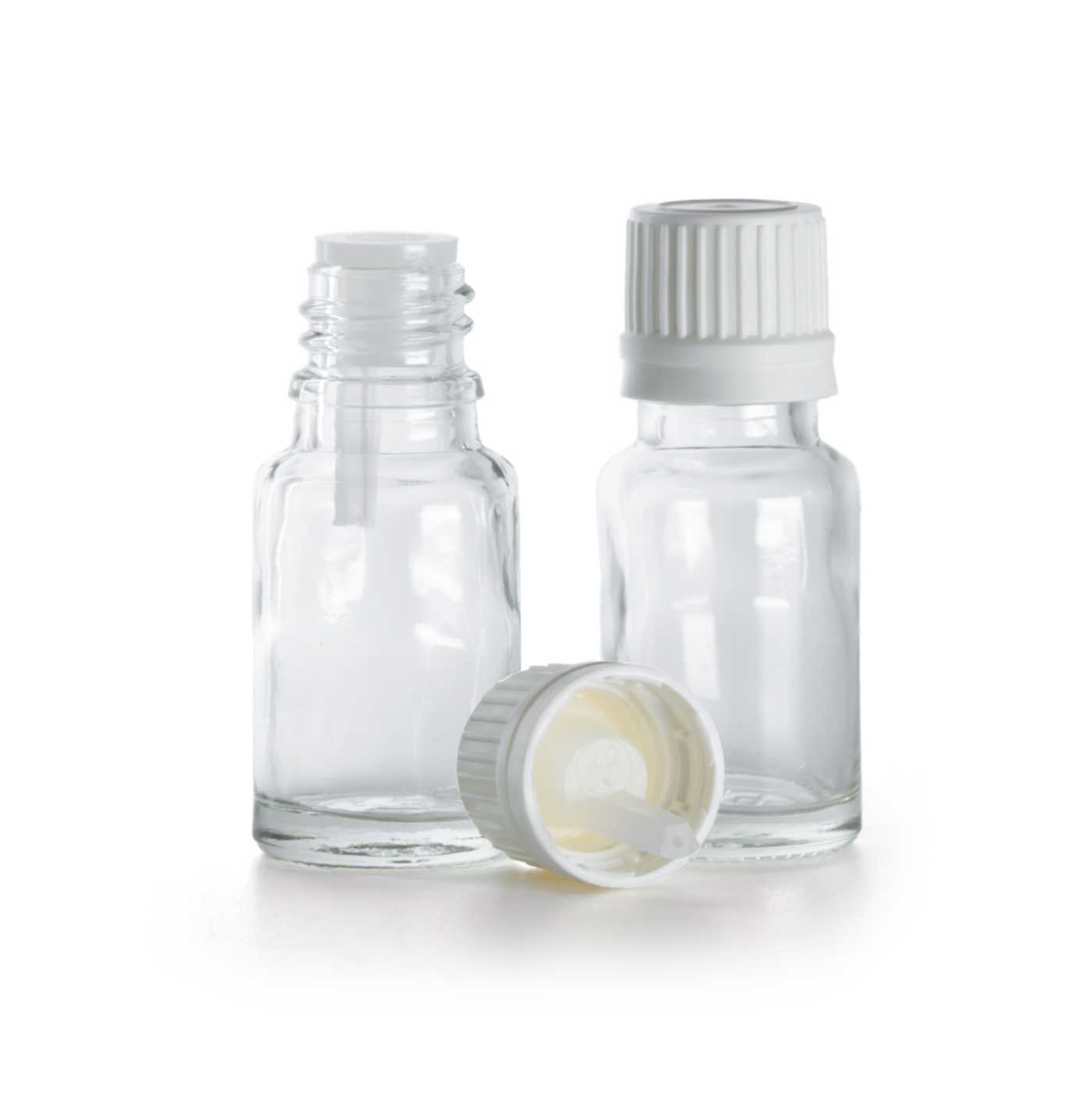 Szklana buteleczka, przezroczysta, biała nakrętka z kroplomierzem, 10 ml