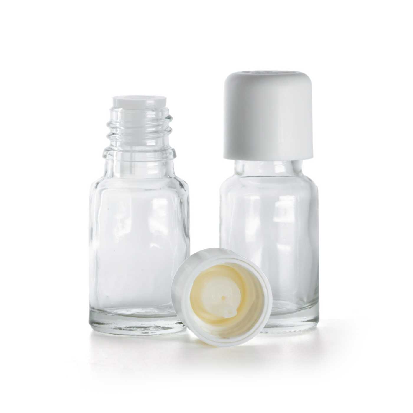 Sklenená fľaška, priehľadná, biely vrchnák s poistkou, 10ml