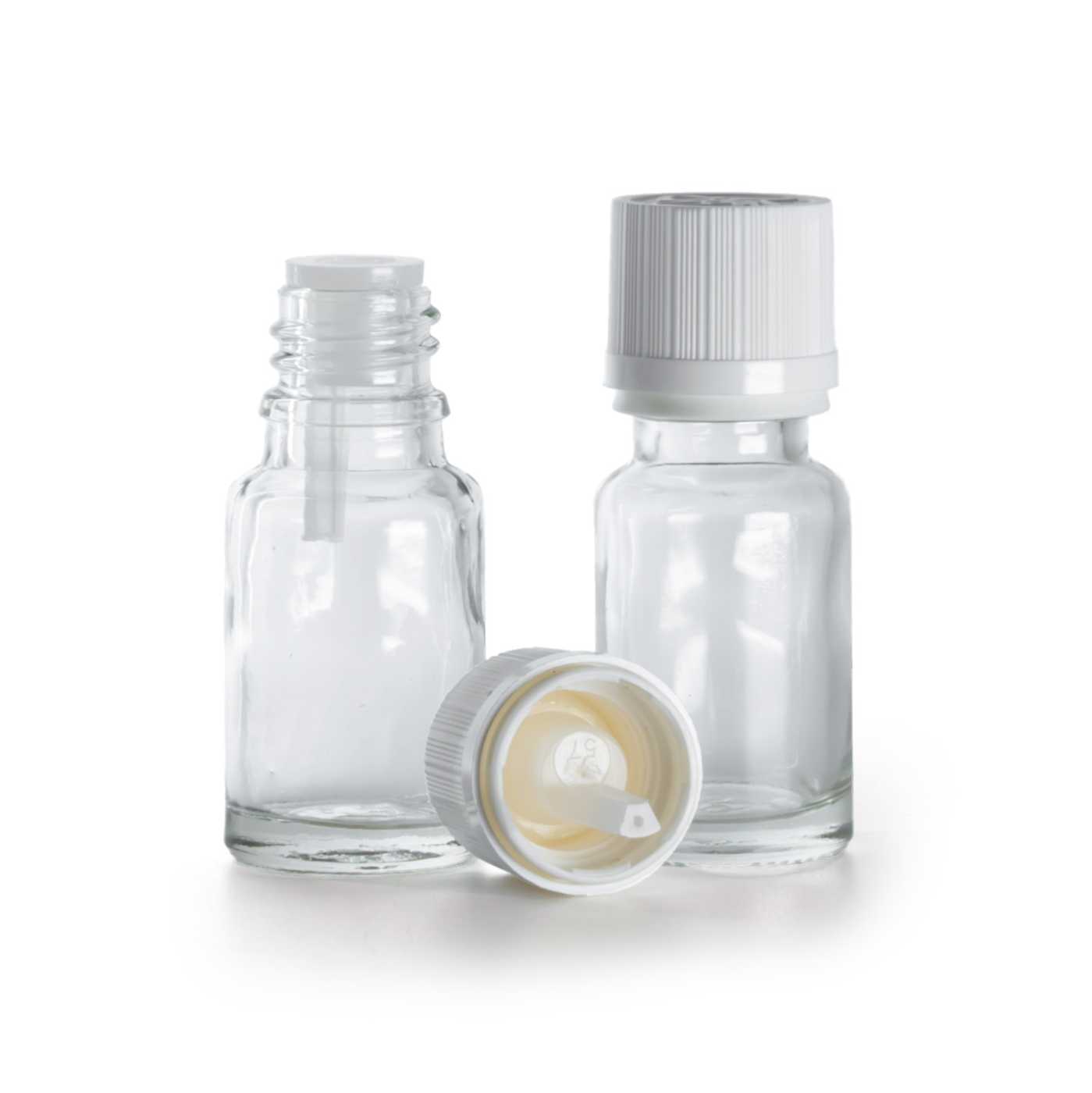 Sklenená fľaška, priehľadná, biely vrúbkovaný vrchnák s poistkou, 10 ml
