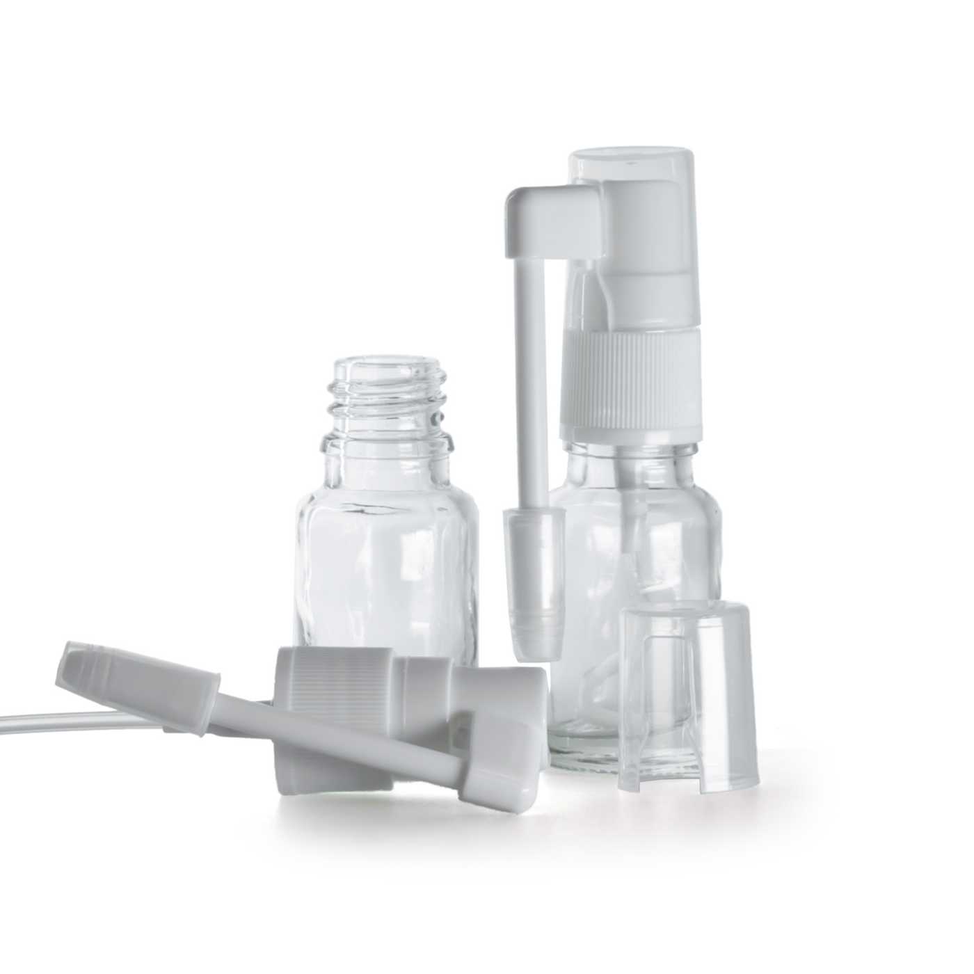 Sklenená fľaška, priehľadná, sprej do hrdla, 10 ml