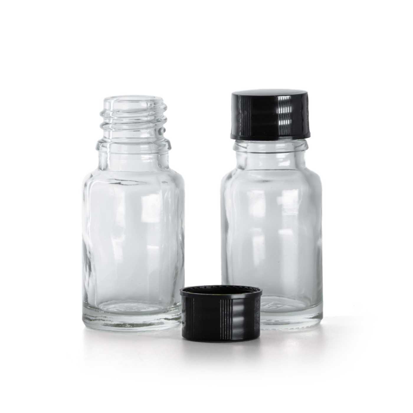 Butelka szklana, przezroczysta, czarna nakrętka, 10 ml
