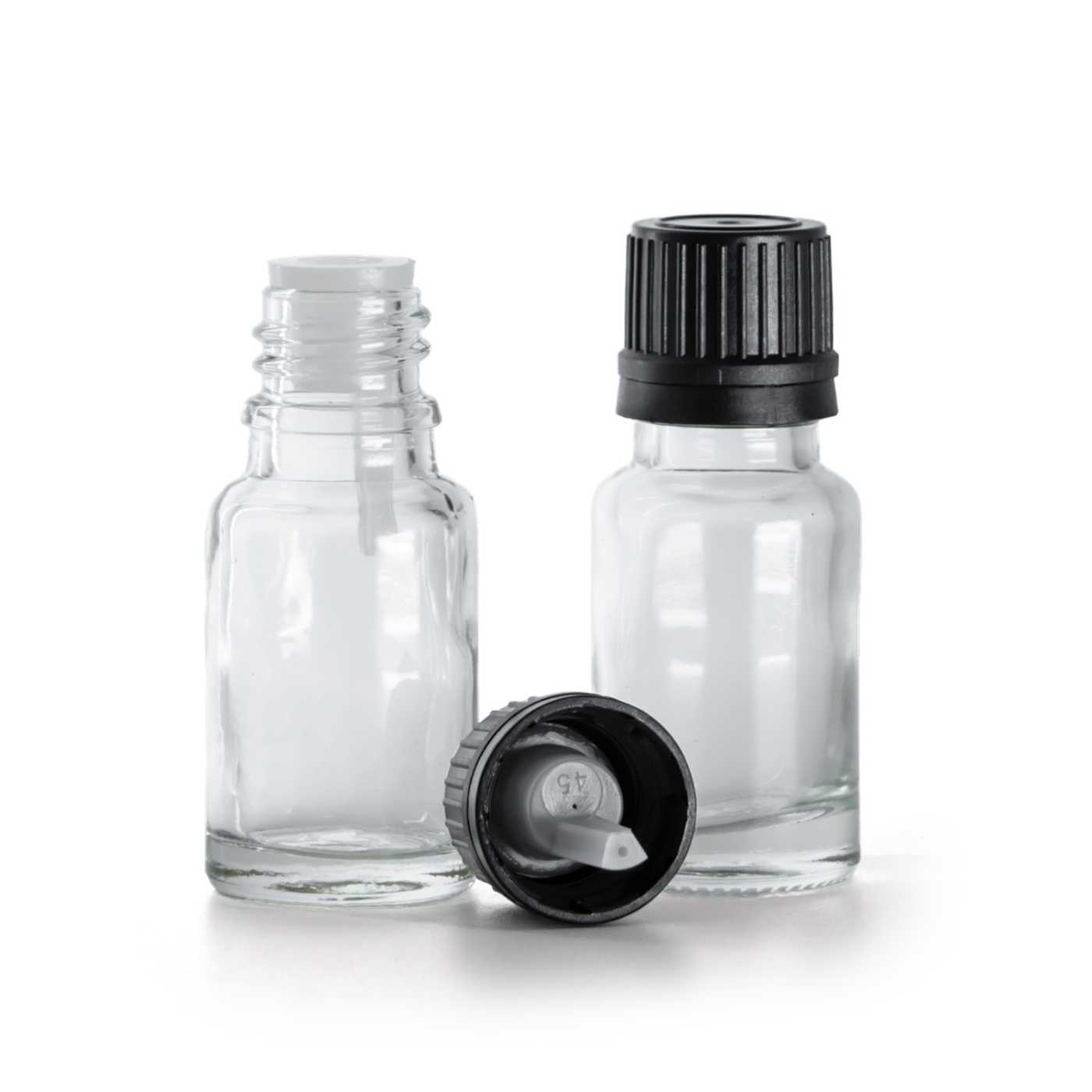 Sklenená fľaška, priehľadná, čierny vrchnák s kvapátkom, 10 ml