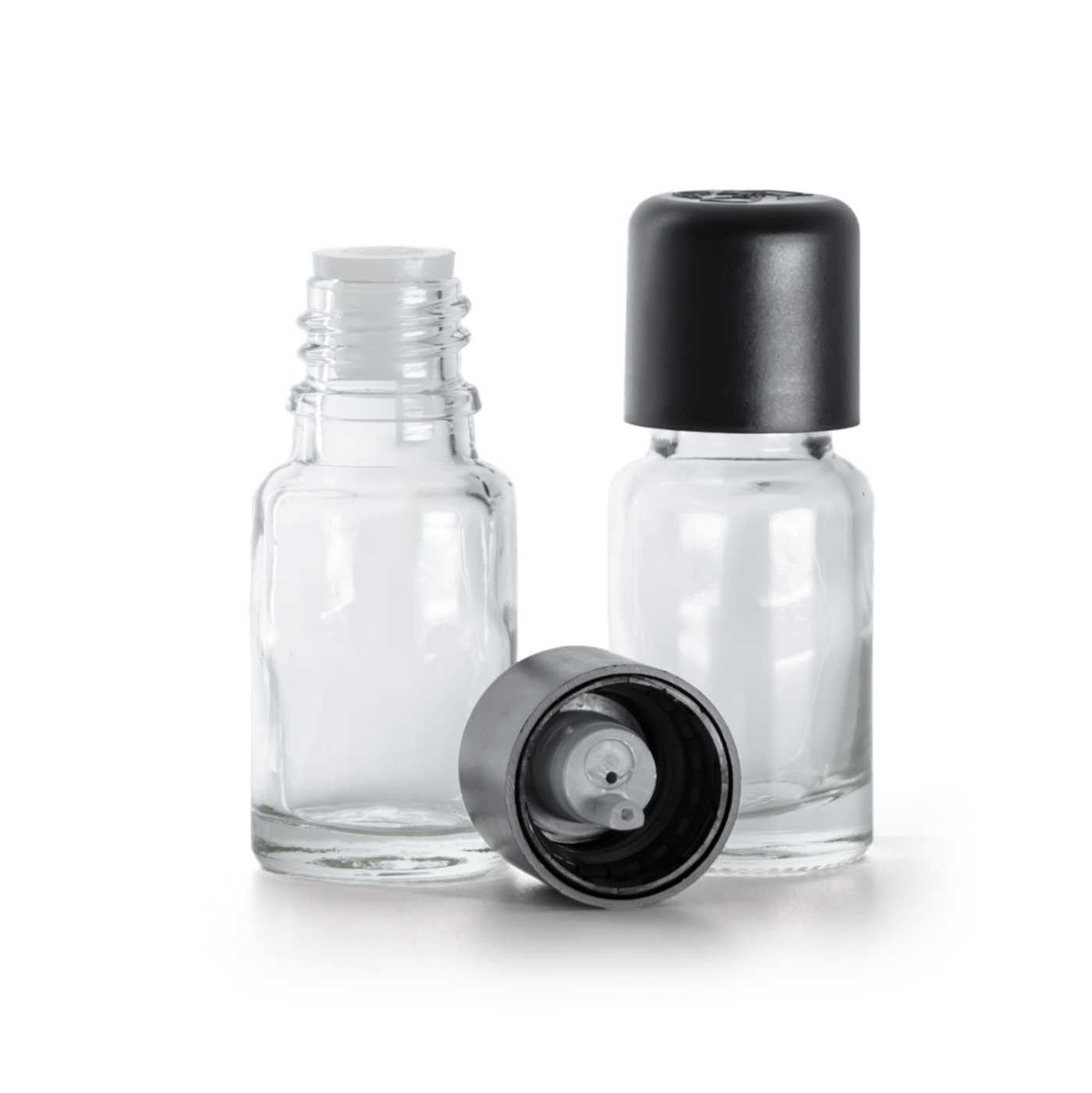 Sklenená fľaška, priehľadná, čierny vrchnák s poistkou, 10ml
