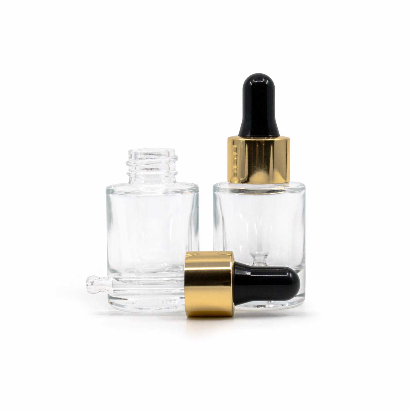 Butelka szklana przezroczysta, grube dno, czarno-złoty kroplomierz, 10 ml