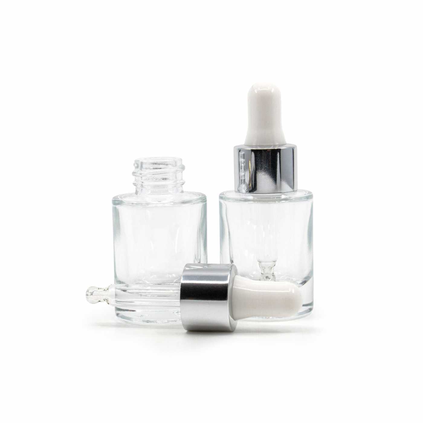 Butelka szklana przezroczysta, grube dno, biało-srebrny kroplomierz, 10 ml