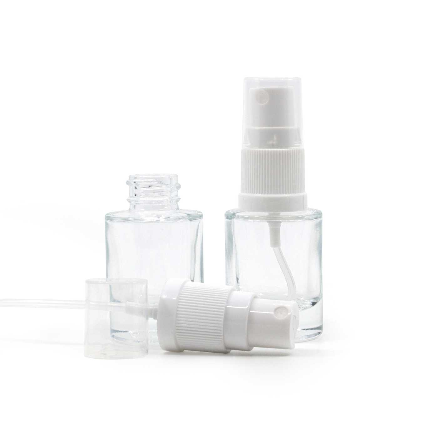 Butelka szklana przezroczysta, grube dno, biały atomizer do butelki plastikowej, 10 ml