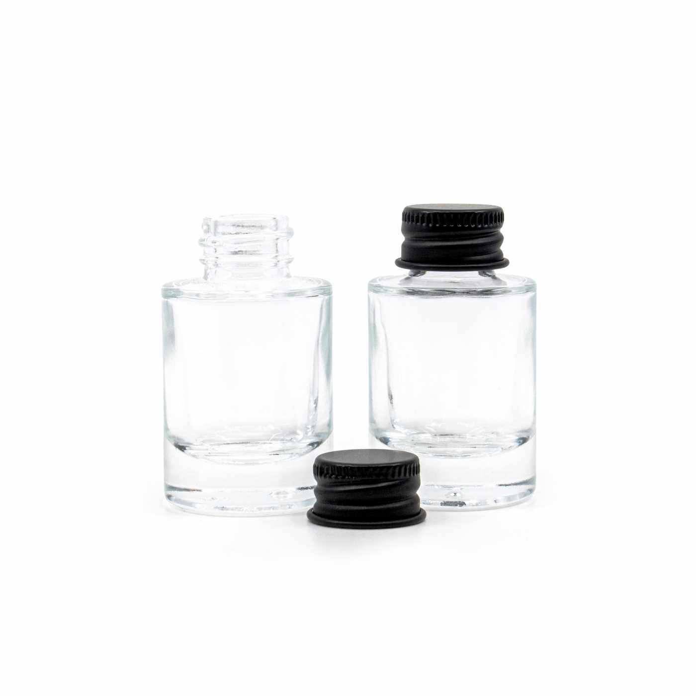 Butelka szklana przezroczysta, grube dno, czarna nakrętka aluminiowa, 10 ml