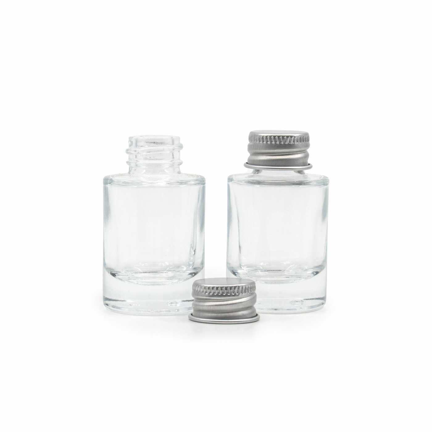 Butelka szklana przezroczysta, grube dno, srebrna nakrętka aluminiowa, 10 ml
