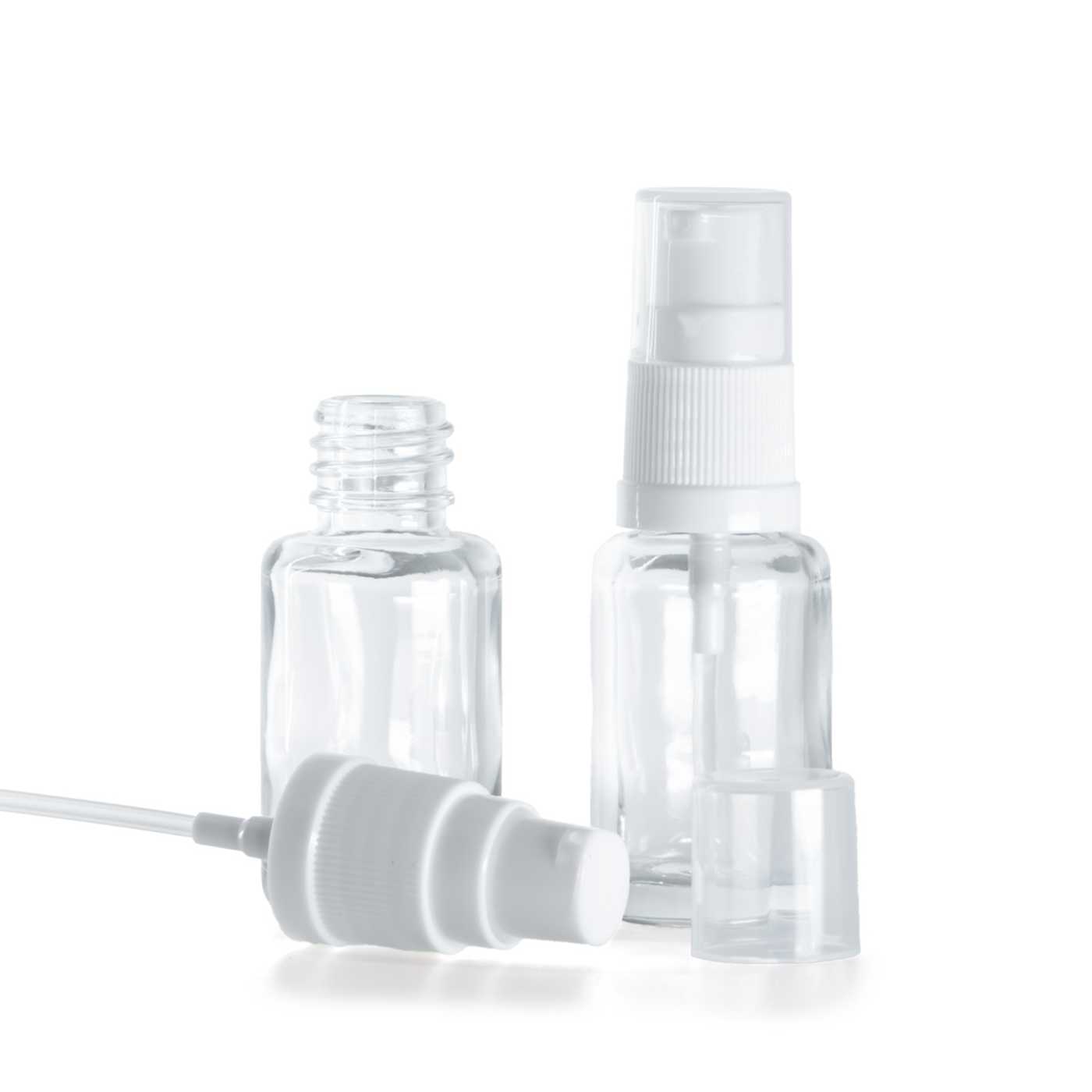 Butelka szklana apteczna, przezroczysta, okrągła, dozownik biały, 12 ml