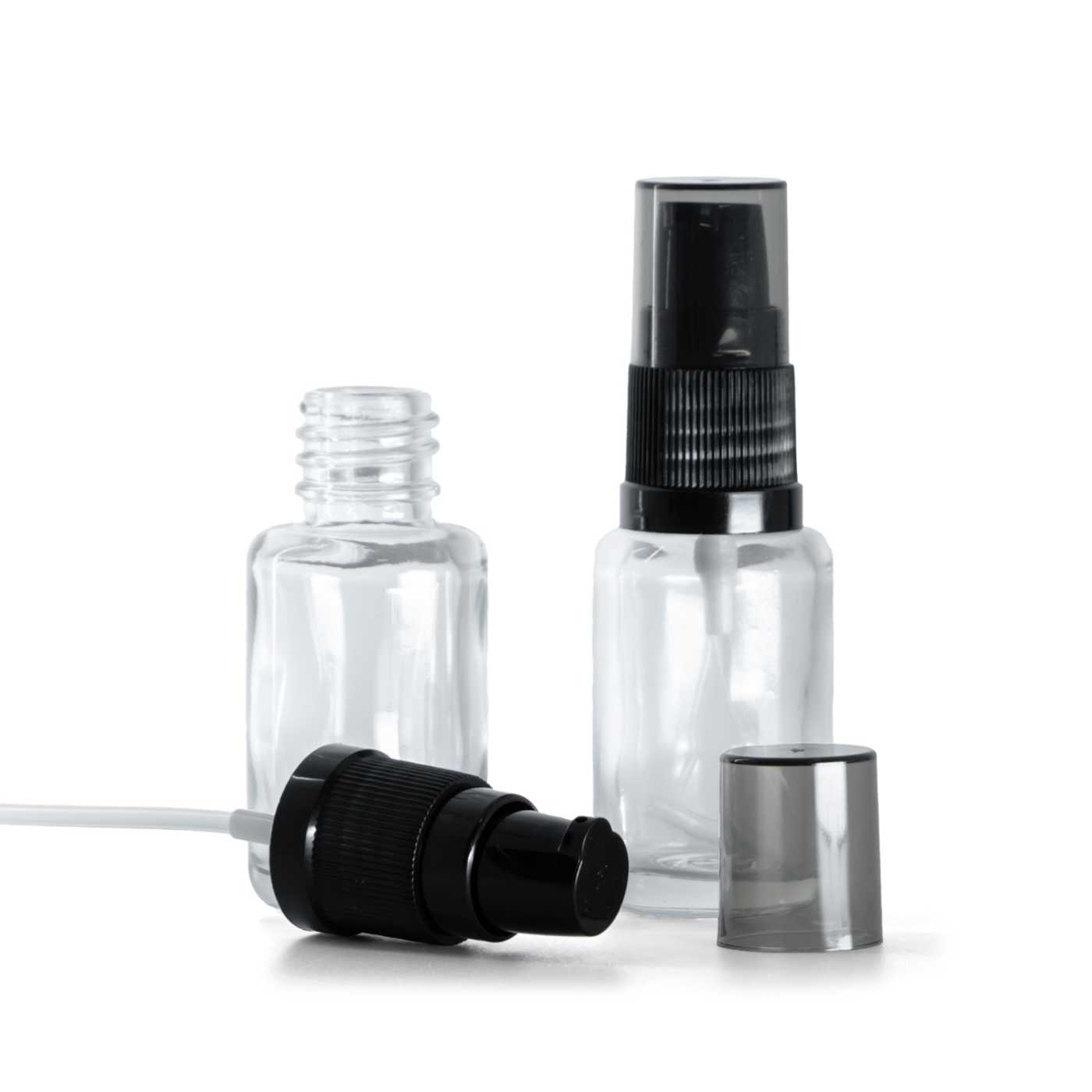 Flacon en verre transparent, rond, pompe lotion avec surcapuchon fumé, 12 ml
