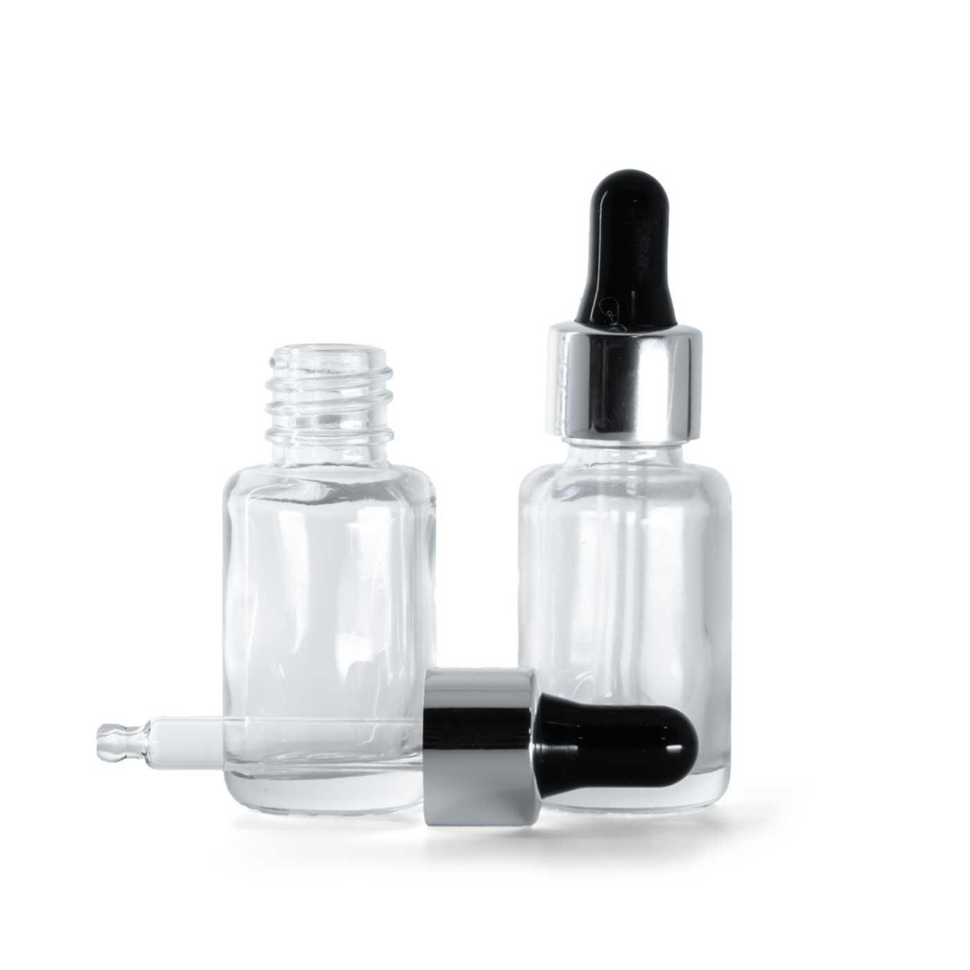 Flacon rond en verre transparent avec compte-gouttes noir et argent 12 ml