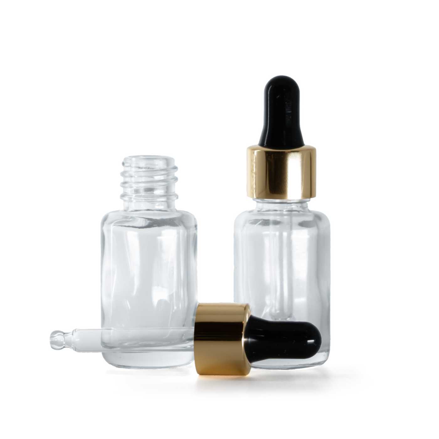 Flacon compte-gouttes en verre transparent rond avec pipette noir et or 12 ml
