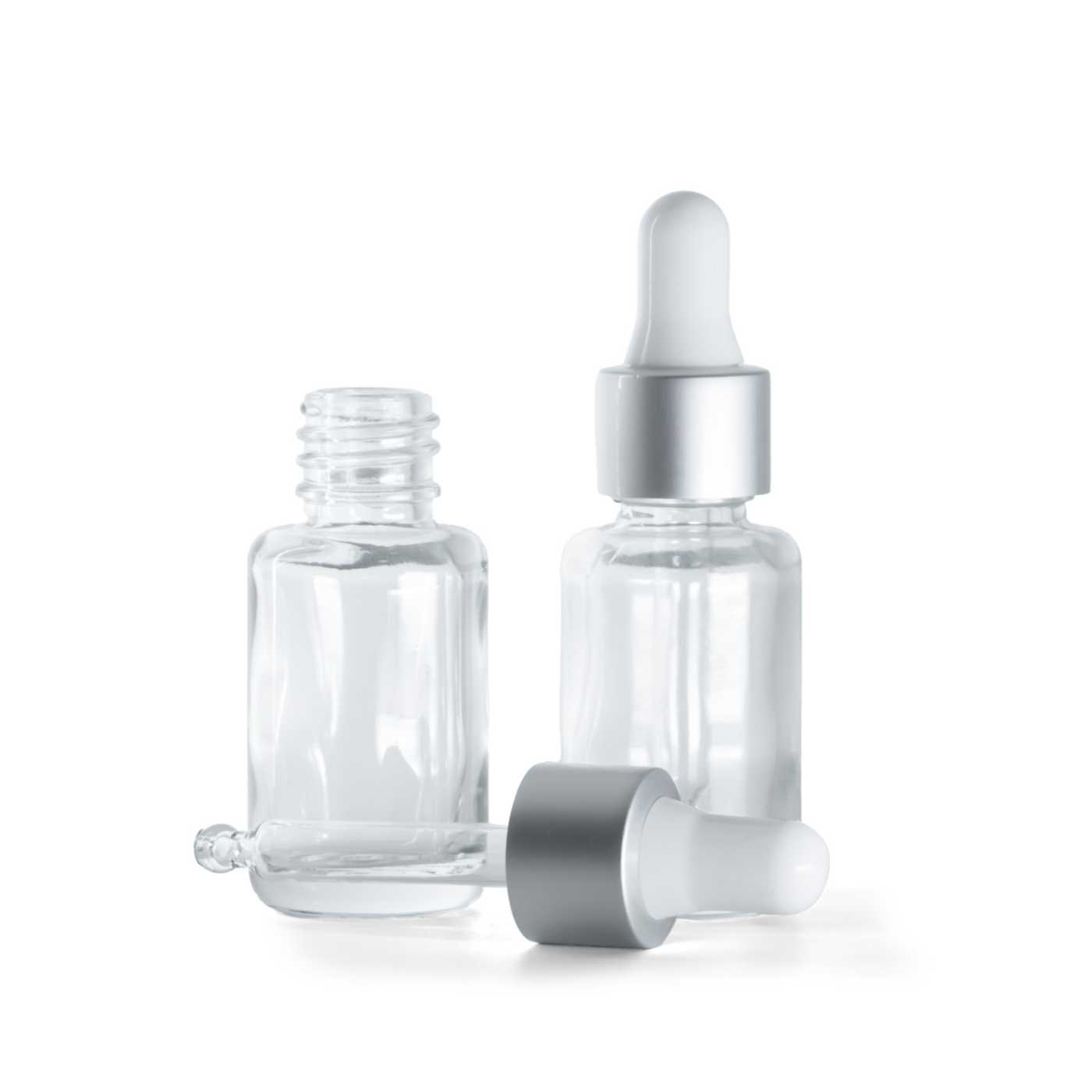 Kerek, átlátszó üvegpalack matt ezüst pipettával, 12 ml