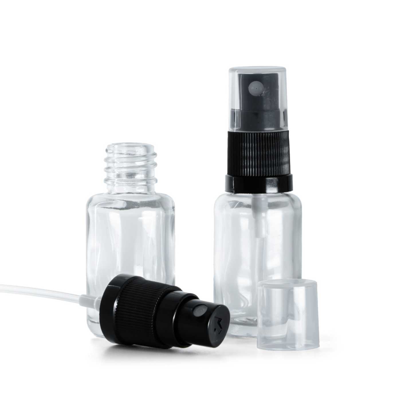 Butelka szklana apteczna, przezroczysta, okrągła, atomizer czarny, 12 ml