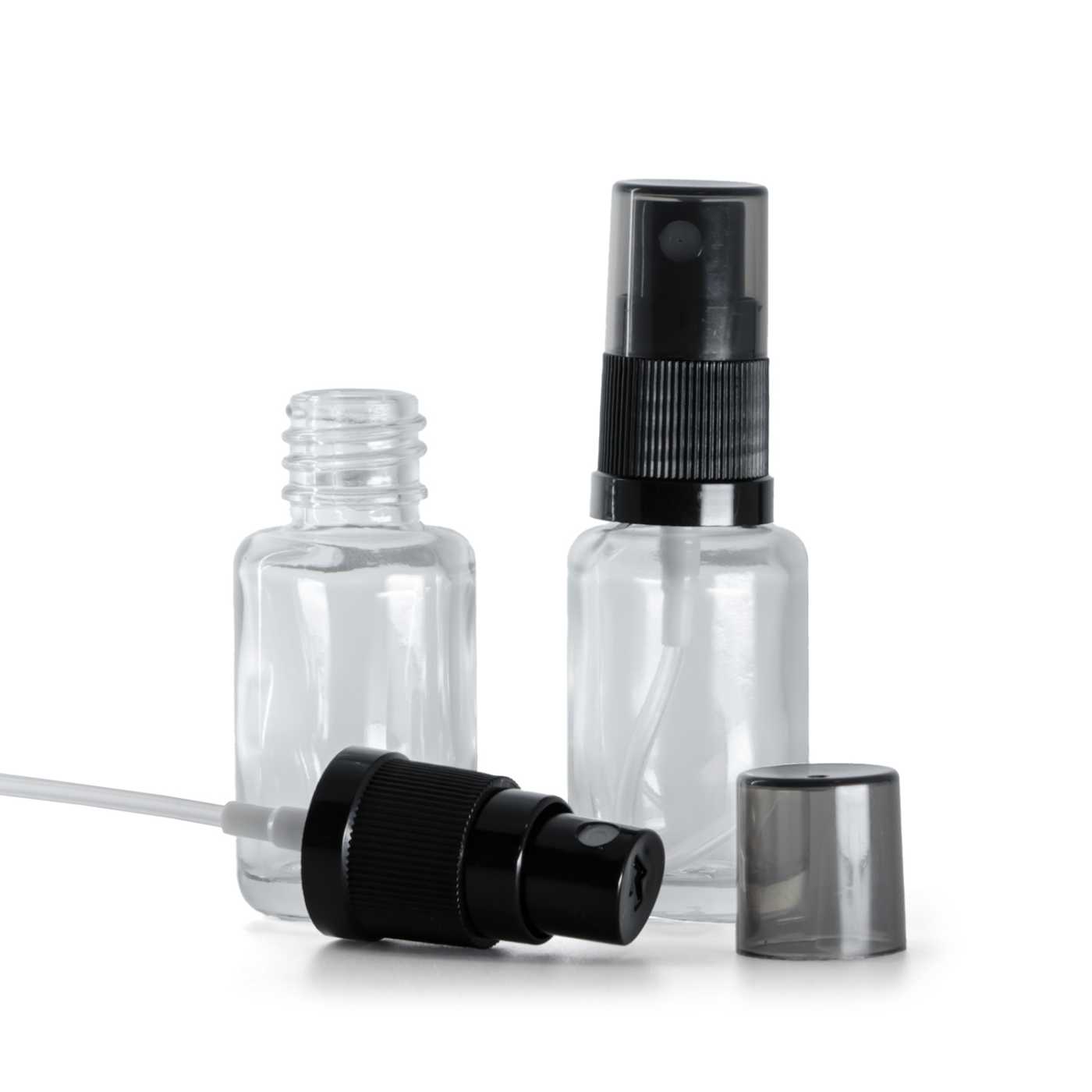 Butelka szklana apteczna, przezroczysta, okrągła, atomizer czarny, przydymiony kapturek, 12 ml