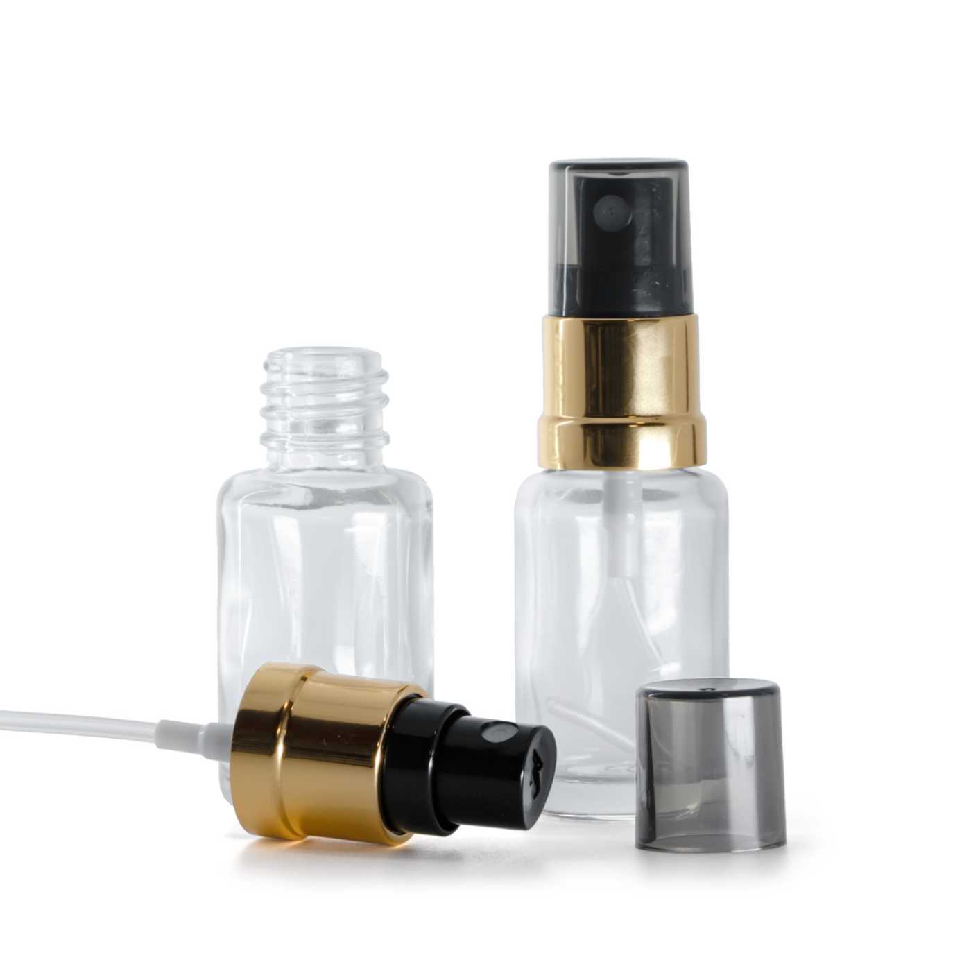 Butelka szklana apteczna, przezroczysta, okrągła, atomizer czarno-złoty, przydymiony kapturek, 12 ml