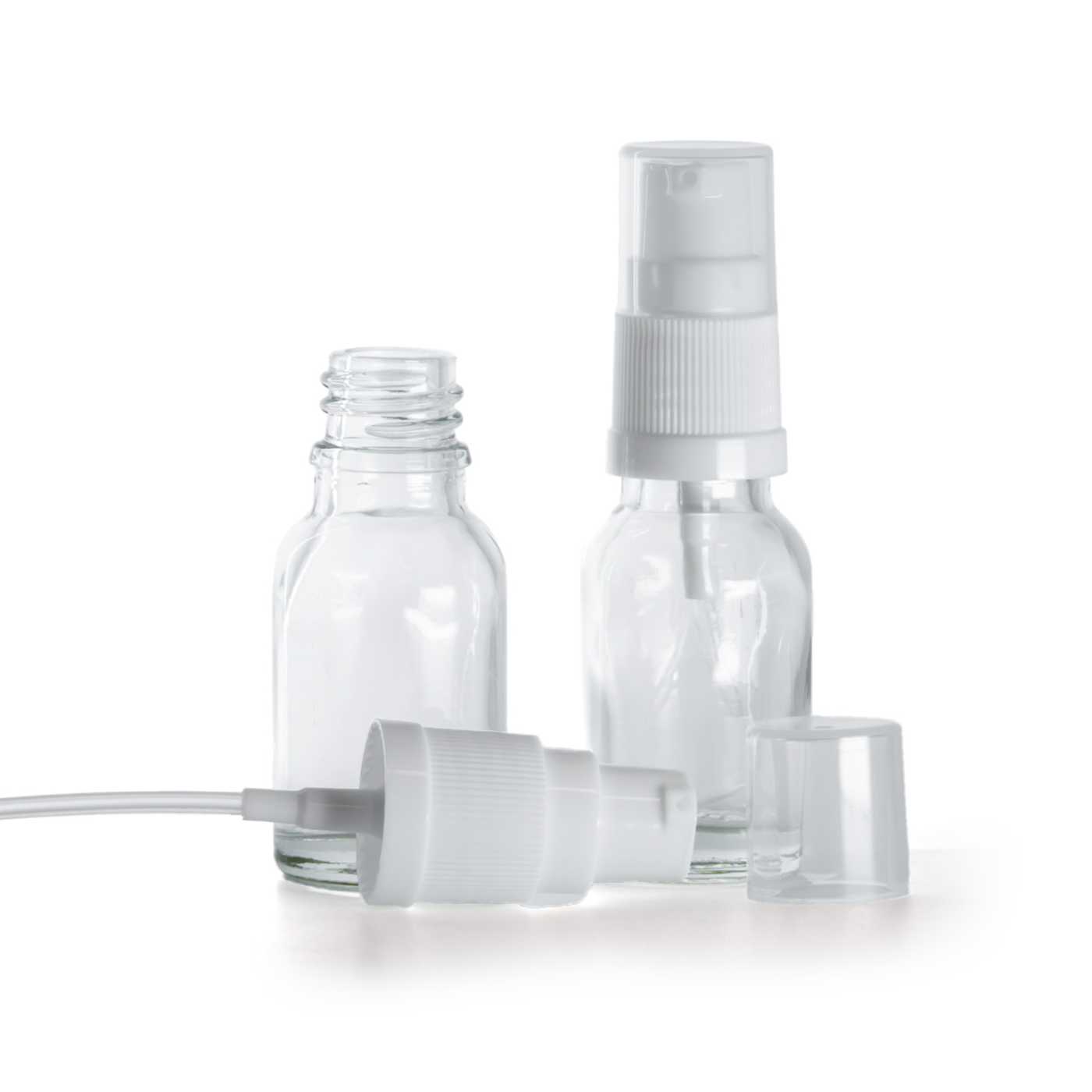 Butelka szklana, przezroczysta, biały dozownik, 15 ml