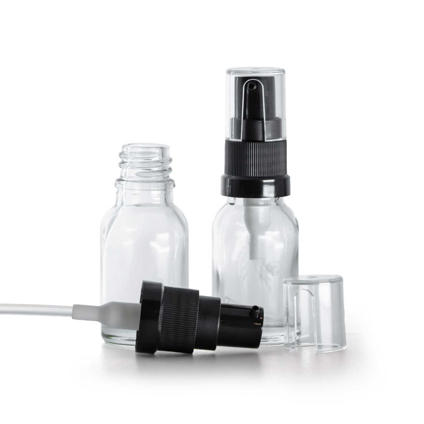 Butelka szklana przezroczysta, pompka do olejów, 15 ml