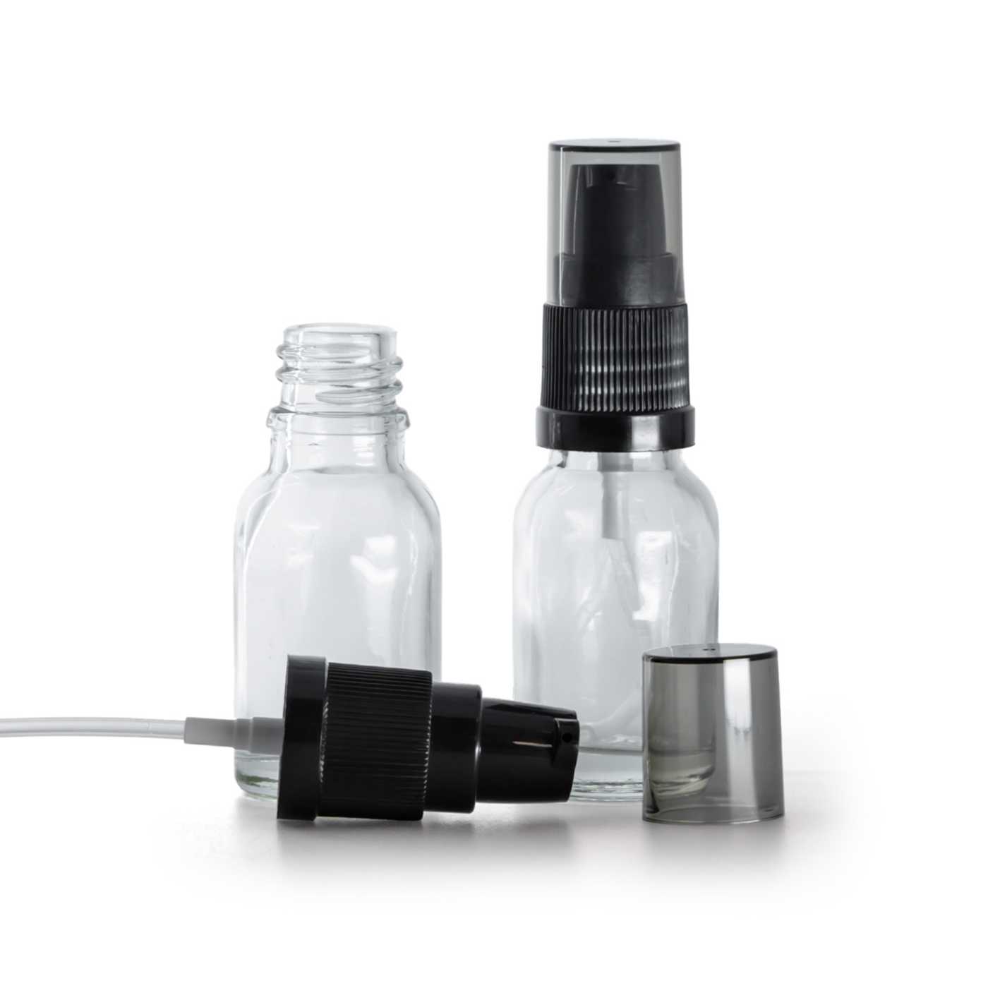 Flacon en verre transparent, distributeur de crème avec surcapuchon fumé, 15 ml