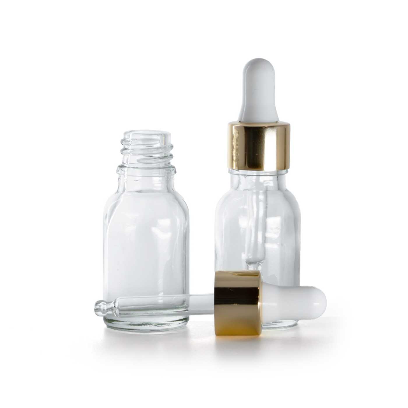 Butelka szklana, przezroczysta, biało-złoty kroplomierz, 15 ml