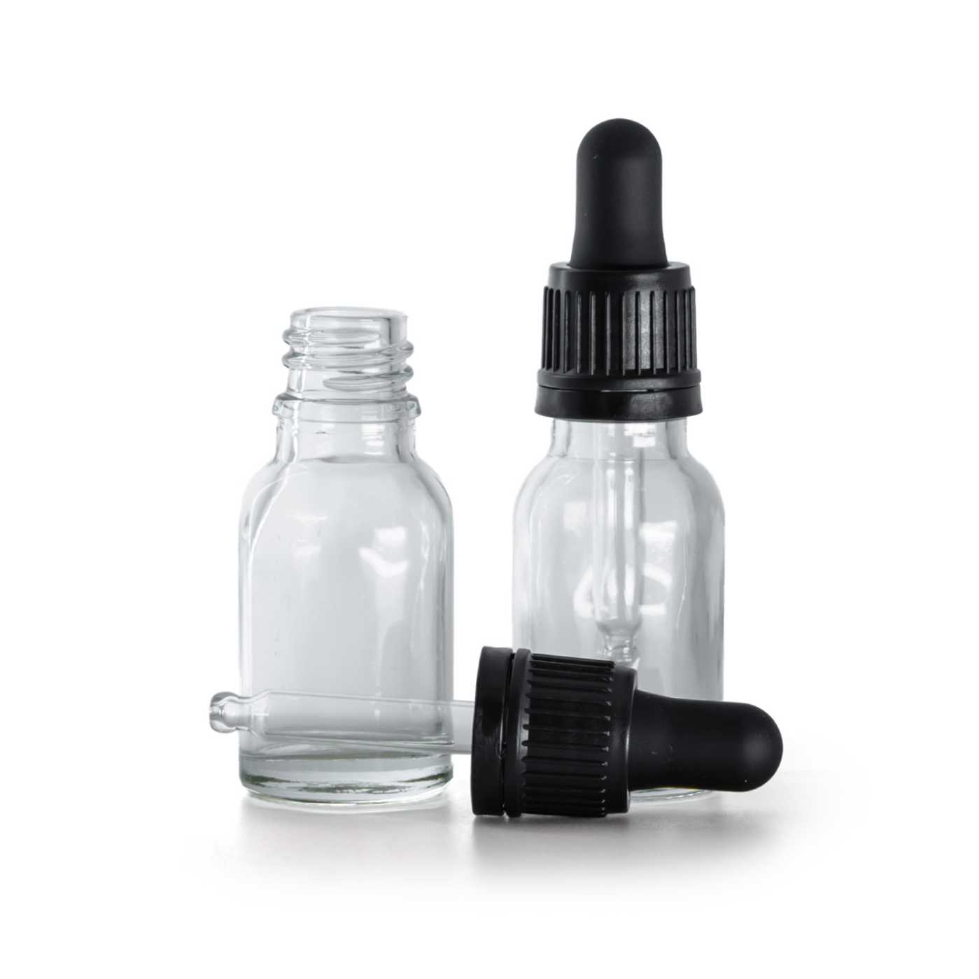 Flacon compte-gouttes en verre transparent avec pipette noire inviolable, 15 ml